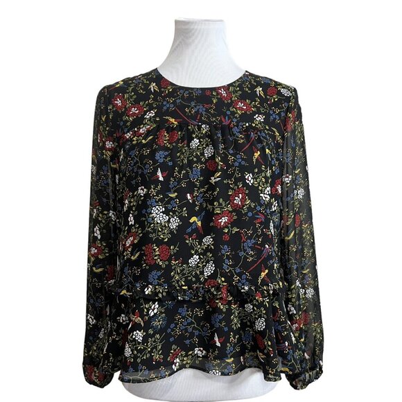 Madewell Sheer-Sleeve Ruffle Peplum Top Blouse Finch Moody Floral Black Small - Picture 2 of 14